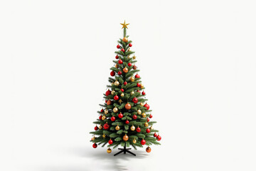 Fototapeta premium Decorated Christmas tree isolated on white background. Festive New Year tree with ornaments and lights. Transparent PNG holiday design element.
