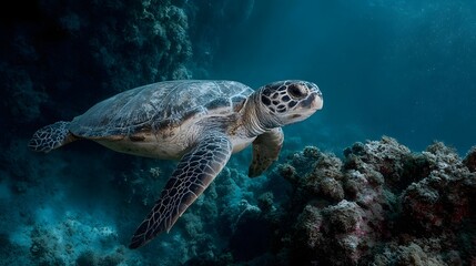 Fototapeta premium Majestic sea turtle gracefully swims in deep blue ocean waters near vibrant coral reef