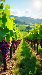 Naklejka premium Sun-drenched rows of ripe grapes hanging heavy on the vines in a picturesque vineyard, ready for harvest Lush greenery and rolling hills create a stunning landscape , vines, vineyard rows