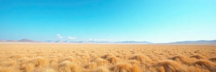 Fototapeta premium Vast, flat expanse of land stretching to the horizon under a clear blue sky Perfect for concepts of freedom, travel, and serenity Ideal for backgrounds or textures , desert, untouched, drone shot
