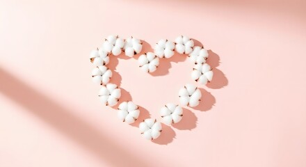 Heart shape made of white flowers on pastel pink background