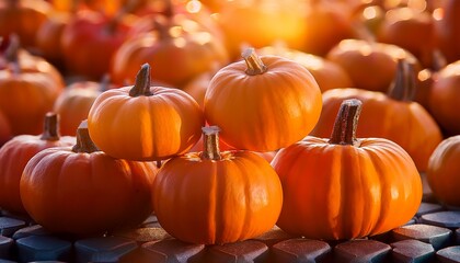 Mesmerizing Iridescent Hexagonal Overlays Dancing Cluster Vibrant Orange Pumpkins Bathed Warm Sunlight Soft