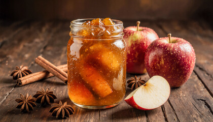 Homemade Apple Jam in Glass Jar with Fresh Apples and Cinnamon