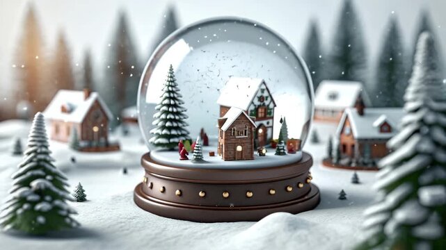 Enchanting winter village scene inside a magical snow globe with falling snowflakes and cozy