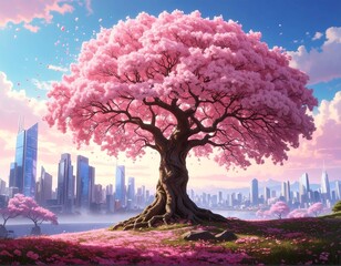 Large flowering tree overlooking cityscape with pink blossoms falling