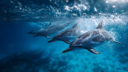 Obraz premium A pod of dolphins swims dynamically through clear sunlit blue ocean waters near the aquatic surface showcasing natural grace