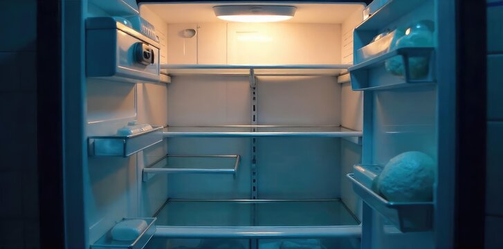 A nearly empty refrigerator with its light on, highlighting the sparse contents and emphasizing the feeling of hunger emanating from its emptiness ,  sparse,  fridge,  empty