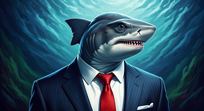 Shark in Business Suit Underwater with Dramatic Lighting - Powered by Adobe