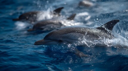 Fototapeta premium A pod of dolphins gracefully emerges from deep blue ocean waters swimming together and creating dynamic splashes near the surface