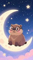 cute capybara with glasses sitting on a crescent moon pastel night sky with stars dreamy illustration vertical composition