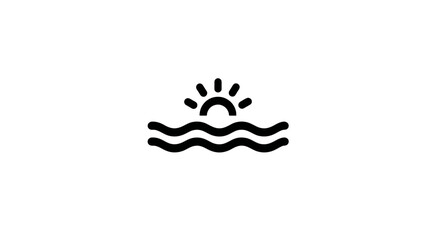 Minimalist Sun Rising Over Ocean Waves Line Art Icon. Simple Black Vector Graphic of Sunrise or Sunset over Sea.