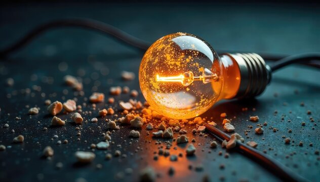A shattered lightbulb lies amidst scattered wires, symbolizing the potent energy released even in moments of breakdown and the potential for renewal after failure , wire mesh, problem