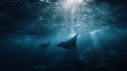 Two majestic manta rays glide gracefully through deep blue ocean waters illuminated by ethereal sunbeams filtering from the surface