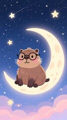 cute capybara with glasses sitting on a crescent moon pastel night sky with stars dreamy illustration vertical composition