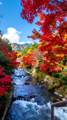 Fototapeta premium Vivid vertical shot of a river winding through a vibrant forest in autumn, with bright red and orange foliage