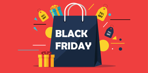 Black Friday Sale Illustration with Shopping Bag, Discount Tags, and Gift Boxes