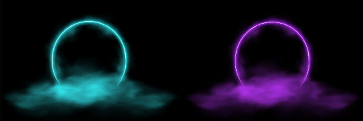 Glowing neon arch. Arch or portal with smoke. Luminous purple and blue circle portal. Portal, circle, arch, teleport, tunnel. Vector
