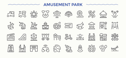 Amusement Park line icon set. Minimal icons pack. Editable stroke. Pixel Perfect. Games icon pack. Pictograms of fun, park, carnival, games, recreation and more.