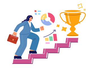 Businesswoman climbing career ladder on bar graph. Step or progress to success and reach goal target, development