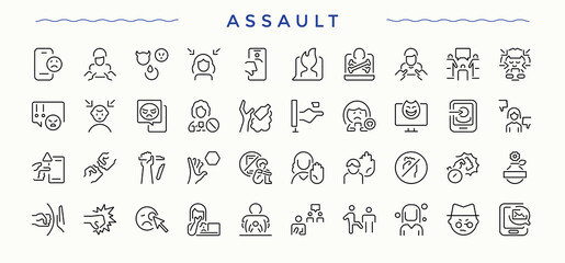 Assault icon set. Collection for mobile and web apps. Molest icon set. Included molest, abuse, man, crime, bullying, offend and more.