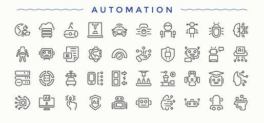 Automation icon set. Technology icon set. Contains outline symbols like engineer, development, innovation, ai, optimization, engineering, technology. Editable stroke.