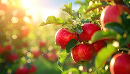 Close up of red apples with water droplets on a branch in an orchard bathed in golden sunlight with bokeh effect