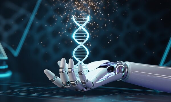 AI Robot Hand Holding DNA Helix for Biotech Innovation, Genetic Research, Future Medicine, Science Discovery