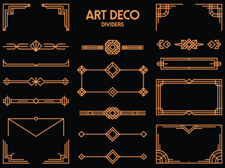 Elegant golden art deco frames and dividers for vintage wedding invitation, luxury template, and decoration