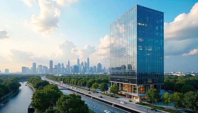 Sleek, glass-fronted modern office building reflecting the city skyline Innovative design, sustainable architecture, corporate headquarters, urban landscape , cityscape, eco-friendly