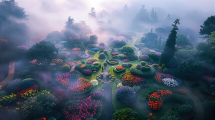 A misty garden showcasing a variety of colorful flowers and trees, enveloped in a soft fog