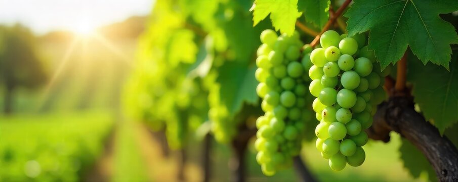 Sun-drenched bunches of vibrant green grape leaves hanging heavy on the vine, ready for harvest A picturesque scene from a lush vineyard , ingredient, healthy - Powered by Adobe