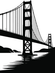 Black and White Graphic Suspension solid silhouette Golden Gate Bridge Vector Illustrations 