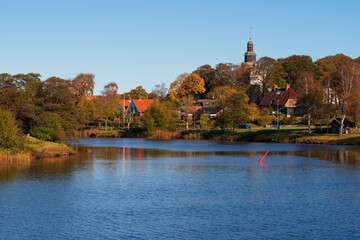Obraz premium Lagan river in Laholm, Sweden. Lagan is one of four main westcoast rivers in south-western Sweden. Famous destination for salmon fishing.