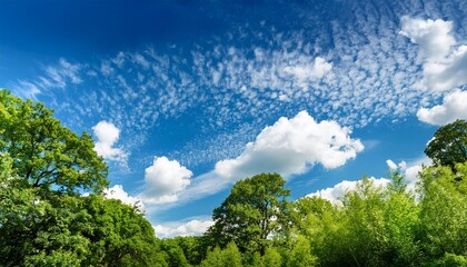 Obraz premium vibrant blue sky with white clouds and lush green trees below