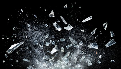 glass shards explosion isolated transparent background burst of shattered debris bursting in the air creating a abstract pattern of glass sharp bits and peaces of crystal shards in the wind