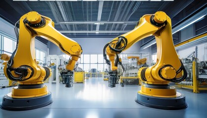 two large yellow robotic arms positioned in an advanced high tech industrial workspace showcasing the power and precision of modern automation technology