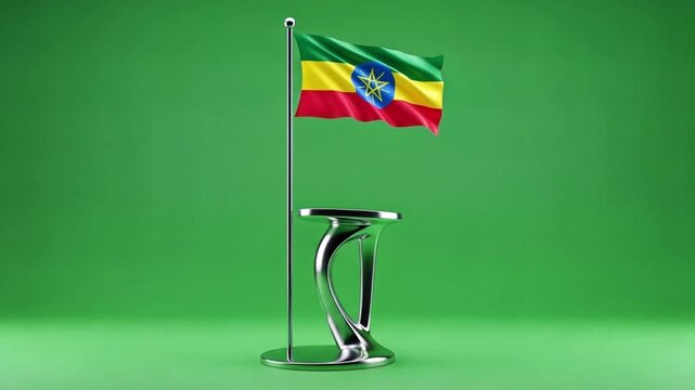 Ethiopian Flag Waving on a Pole Against a Green Screen Background.