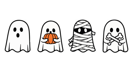 Obraz premium Four cute cartoon ghosts with halloween theme isolated on transparent background