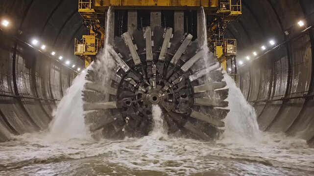Tunnel Boring Machine Cuts Through Rock and Water in Underground Site