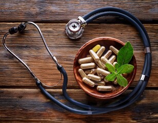 herbal capsules traditional medicine and a stethoscope situated on a wooden surface emphasize health and wellness themes