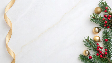 Festive decorations bring holiday cheer as vibrant green pine branches are adorned with golden ornaments and red berries, surrounded by elegant ribbon. It's a perfect scene for celebrating in 2026