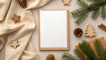 A blank notebook lies on a soft fabric surrounded by pine branches, wooden stars, and pinecones. This setup is perfect for planning New Year and Christmas celebrations in 2026