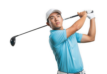 Young golfer executing a powerful swing with a golf club in a dynamic pose isolated on transparent background