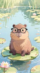 cute capybara with nerdy glasses sitting on a lily pad in a serene pond pastel watercolor style vertical composition playful.