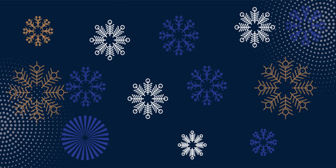 Merry Christmas and Happy New Year festive design with a border made of beautiful snowflakes in modern line art style. Dark blue background, Christmas decorations. Vector illustration.