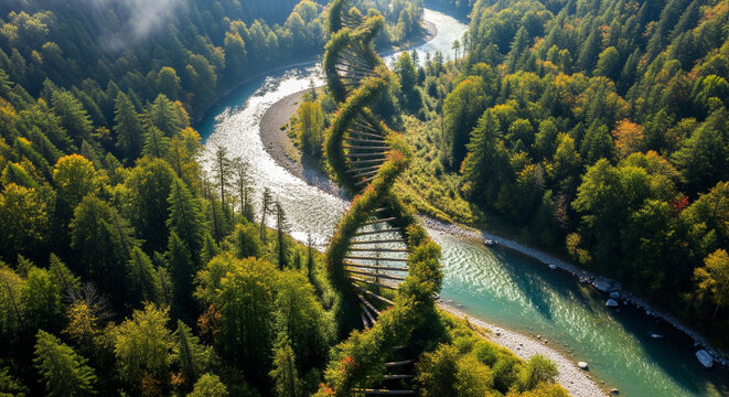 DNA Helix Merged with River and Forest Nature and Science Harmony