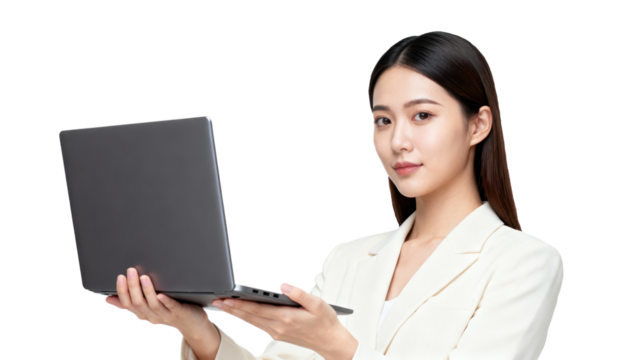 Professional woman holding a laptop in a confident pose.