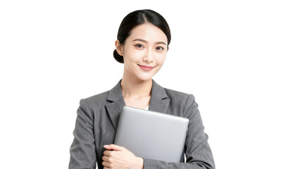 Businesswoman holding a laptop with a confident smile.