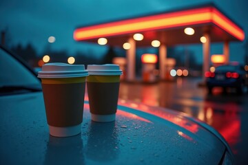 Paper coffee cups with plastic lids sit on the wet hood of a car. A gas station glows with neon signs, reflecting on the wet asphalt