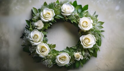 A Serene Memorial Wreath Adorned With Lush Greenery And Delicate White Roses Symbolizing Remembrance And Peace